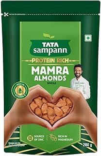 Tata Sampann Mamra Almonds (Whole)/Badam (Whole), Rich in Vitamin E, Protein, Magnesium, and Source of Zinc, Phosphorus, Dietary Fibre, Chef Ranveer Brars Choice, 200g