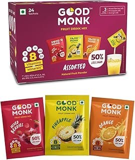 Good Monk Fruit Drink Mix (Assorted - Natural Orange, Mixed Berries, Pineapple Powder), 50% Less Sugar with 8 Vitamins & Minerals. Tasty & Healthy Mix for Hydration, Energy, Immunity. 8x3 = 24 sachets
