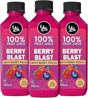 Yu Foodlabs 100% Fruit Juice - Berry Blast - With Blueberry Pieces - Pack of 3 - No Added Sugar Healthy Beverage - 100% Natural Ingredients - Zero Preservatives - 750 ml (3 x 250 ml) - Yu