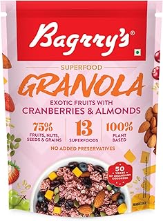 Bagrry’s Superfood Granola Exotic Fruits with Cranberries & Almonds 400g - 75% Fruits, Nuts, Seeds & Grains | 13 Nutrient-Packed Superfoods | 100% Plant-Based | High in Fibre & Protein | Healthy Breakfast Cereal | Multigrain Cereal | 100% Baked Granola | No Palm Oil