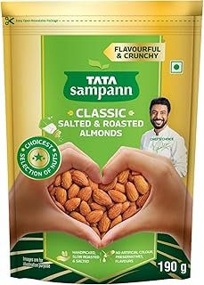 Tata Sampann Classic Salted & Roasted Almonds/Badam, Flavourful & Crunchy Snack, Handpicked, Salted & Slow Roasted Almonds, Rich in Protein, Magnesium, and Phosphorus, No Artificial Colours, Preservatives & Flavours, 190g